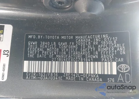 2012 Toyota Corolla Le from USA, damaged, VIN 2T1BU4EEXCC781841